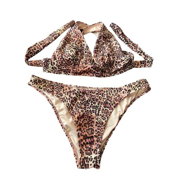 Shade & Shore 2 PC Bikini Animal Print Size Small Brown Pink Halter Swimwear - Picture 1 of 12